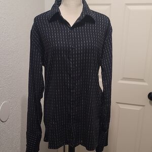 Perry Ellis Black Button-Up Shirt with unique White Pinstripes